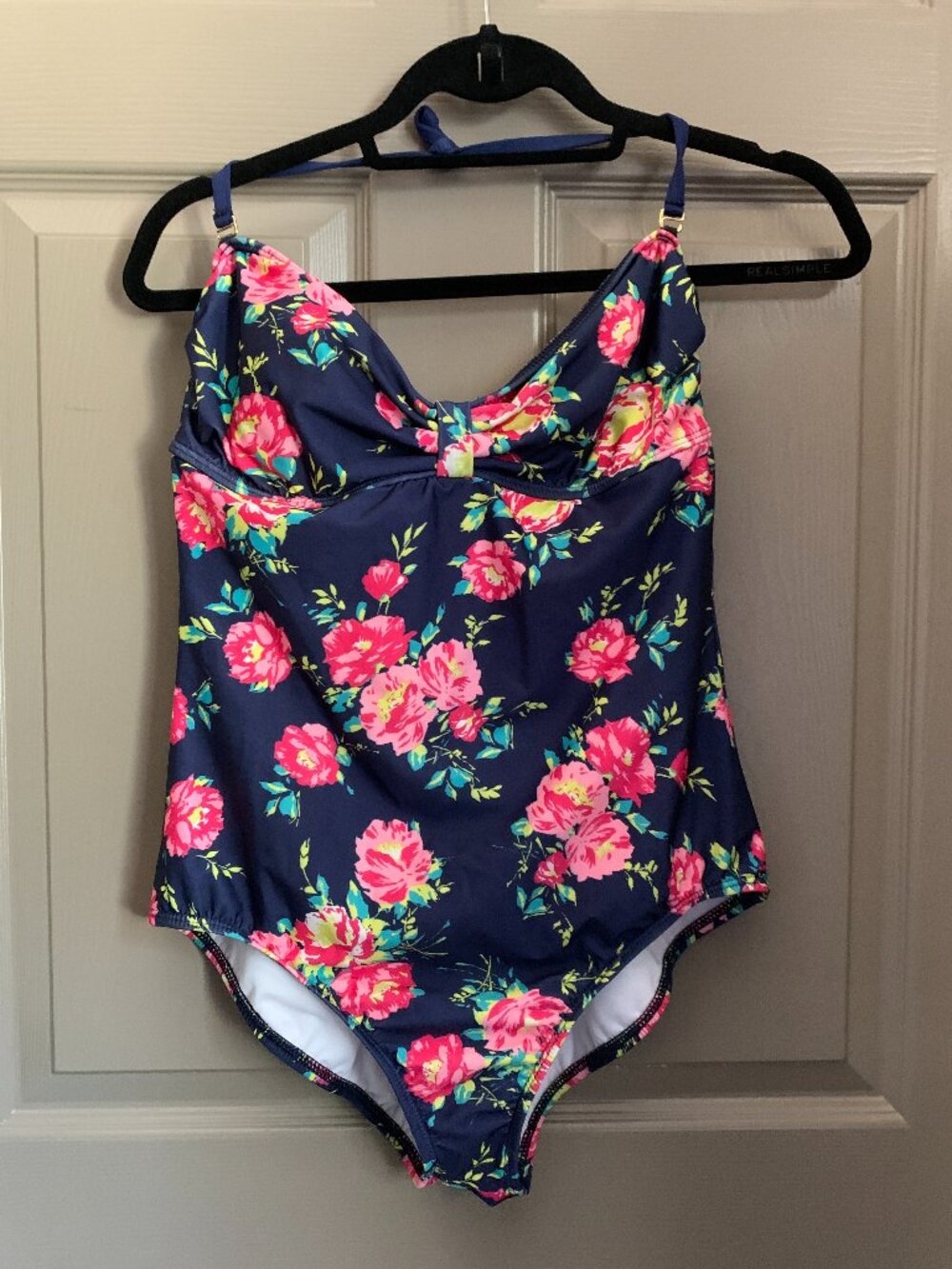 Splendid Swim One Piece Swimsuit Size L Navy Floral Bow Front Open Back Peony